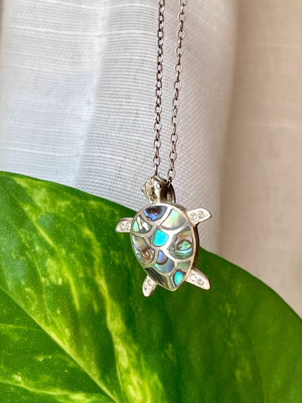 Sterling Abalone Mosaic Turtle Pendant & Delicate Chain Necklace